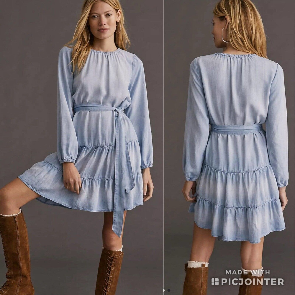 Cloth & Stone Anthropologie Tiered Chambray Tie Mini Dress
